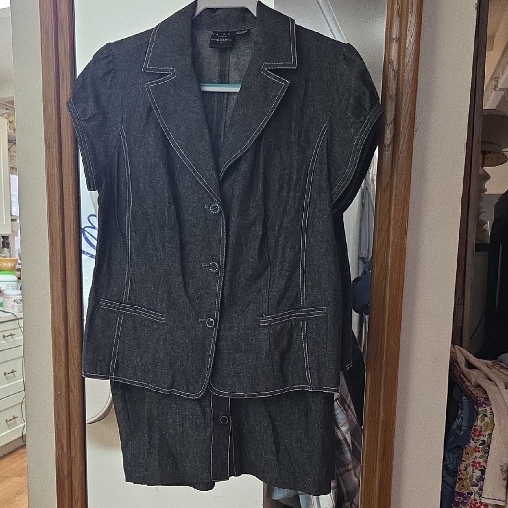 Tailor B. Moss Short-Sleeve Dark Denim Blazer Skirt Suit